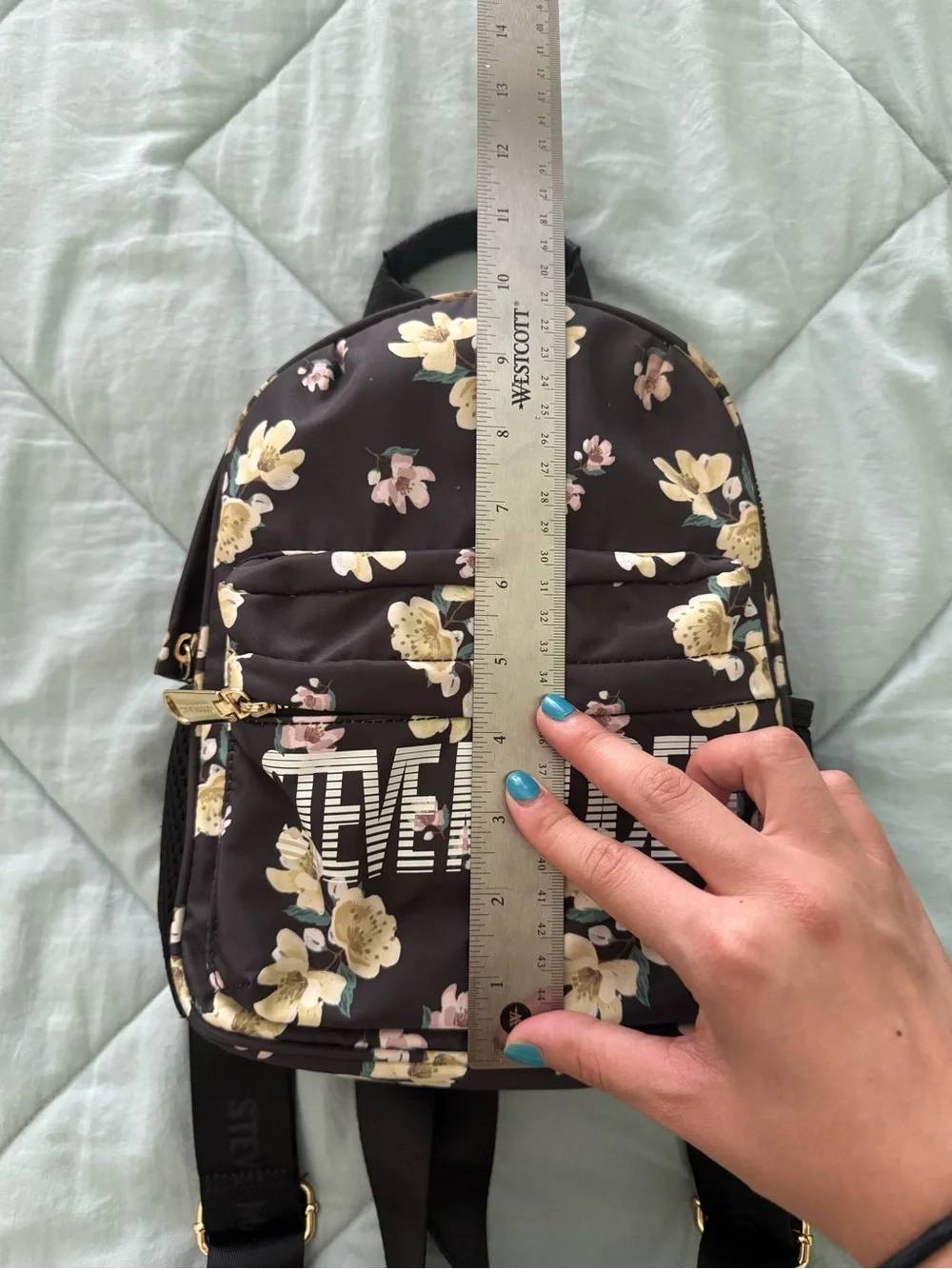 Steve Madden Black Floral Mini Backpack with Gold Accents
